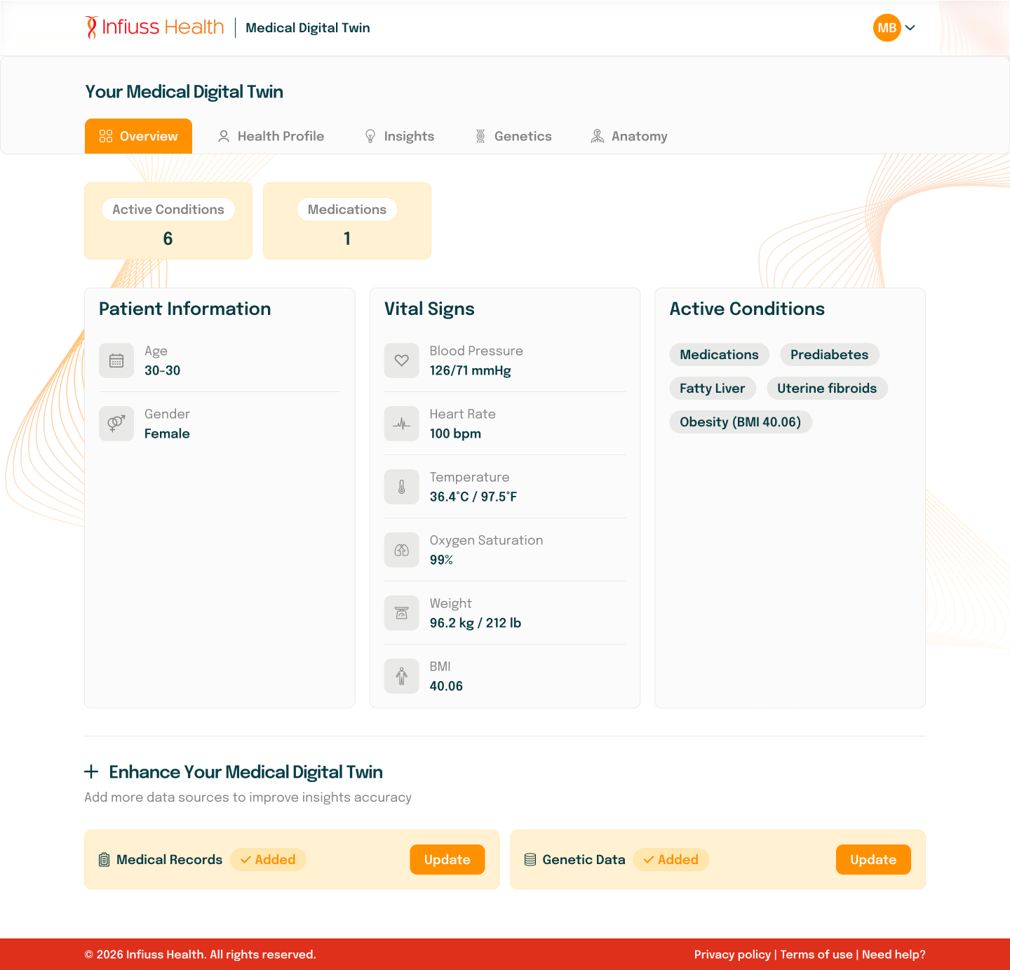 PROBE medical digital twin overview showing a patient profile and clinical information