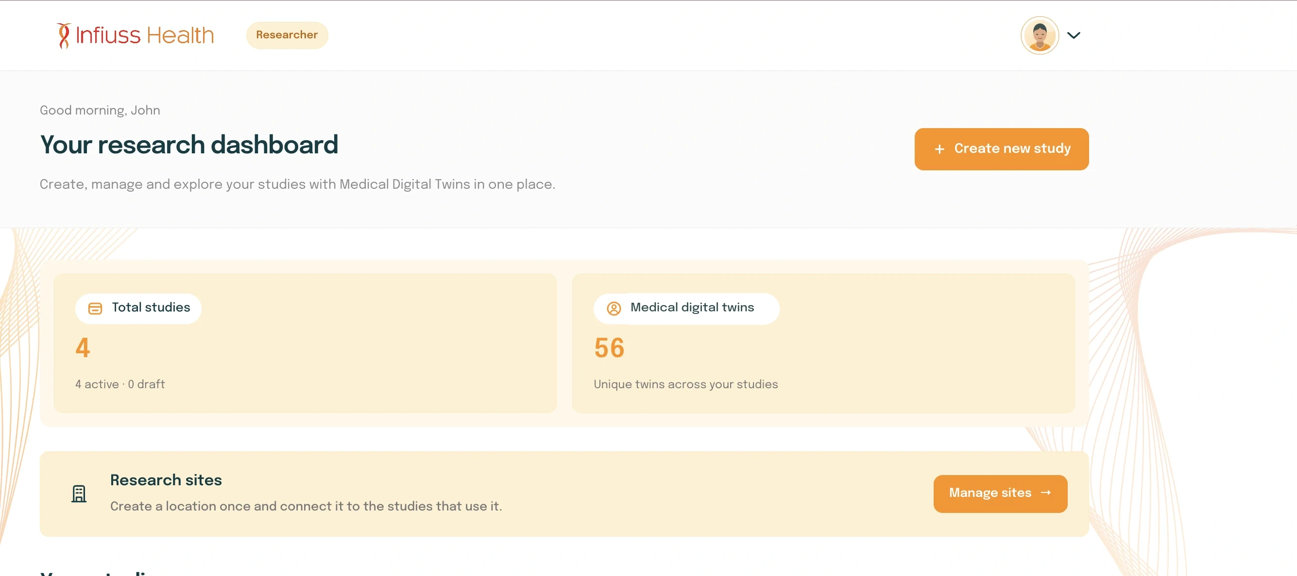 Infiuss researcher dashboard showing studies, medical digital twins, and research sites